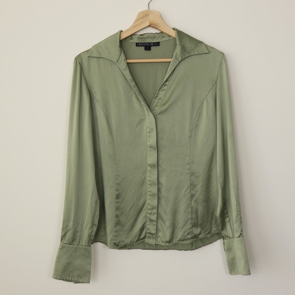 Lafayette 148 Top Size 4 Green Silk Collared Button Up Work Career Blouse